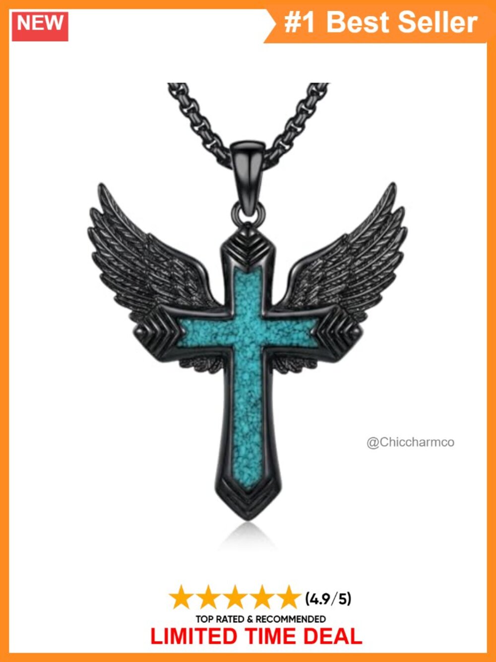 Sterling Silver Angel Wings Cross Necklace Turquoise Pendant 20in
